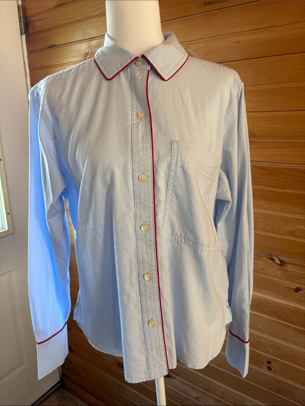 Women's Light Blue Button-Down Shirt with Red Piping